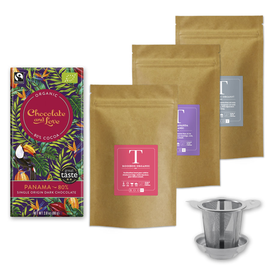 Tea Lover Pakket - 3 x 50 gr thee + theefilter + chocolade + Chocolade Panama Dark 80%